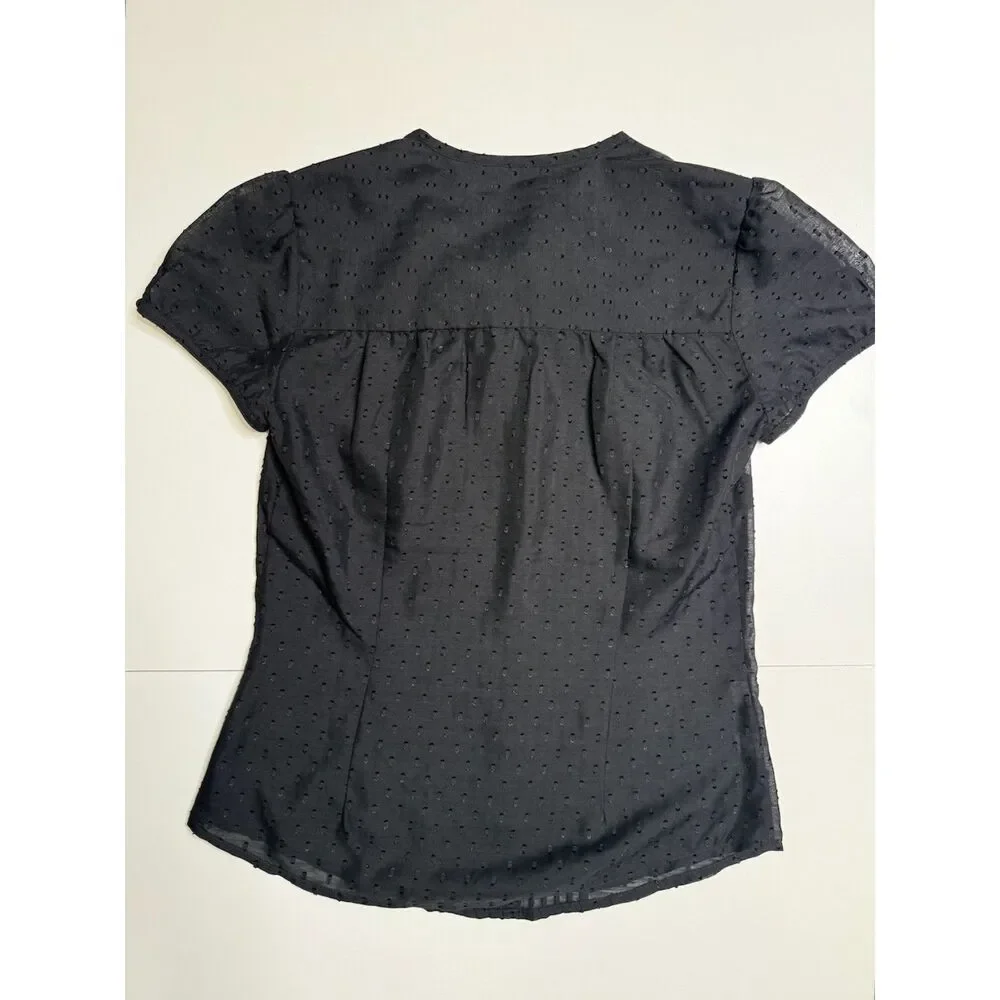 LOFT Black Swiss Dot Blouse Tie Neck Pintuck Button Front Puff Sleeve Womens Top